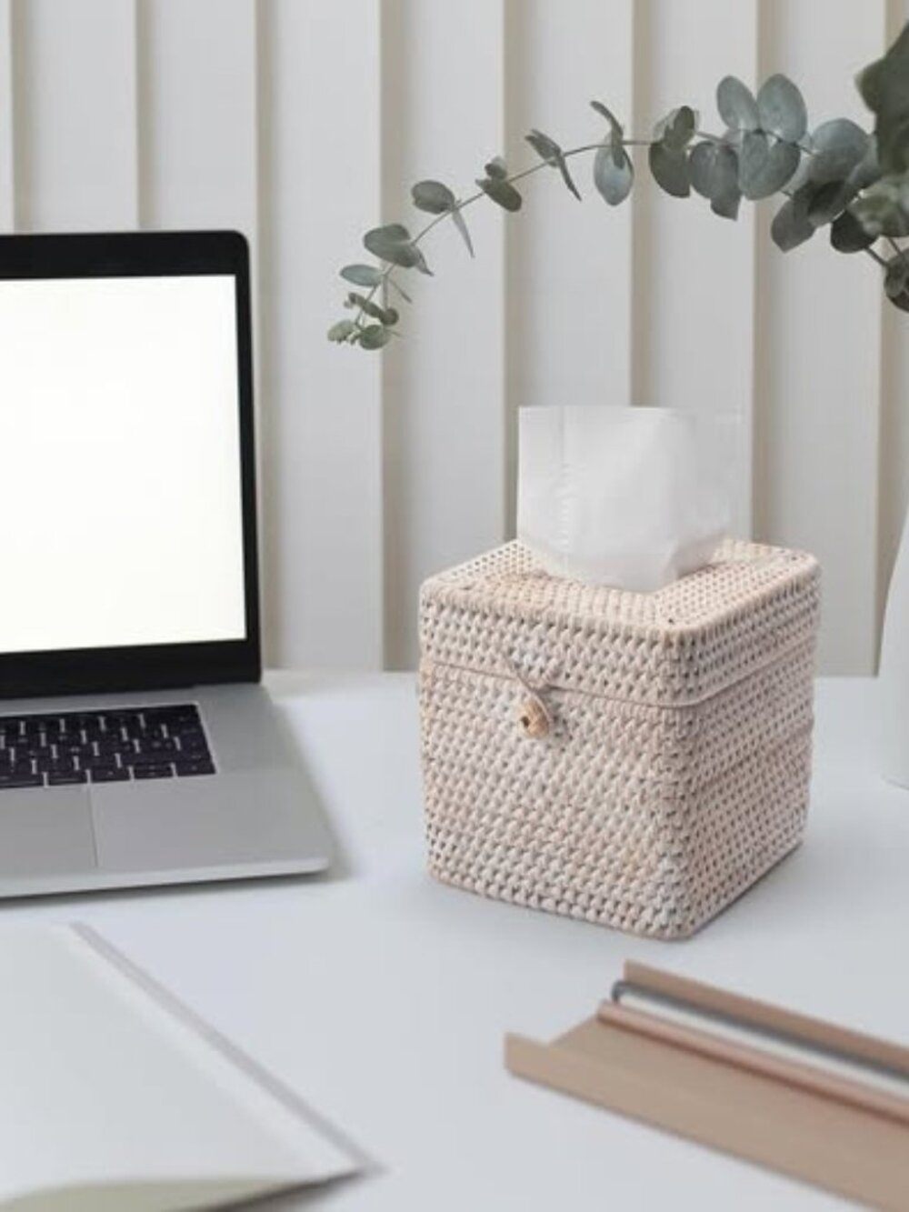 Farmhouse Rattan Tissue Box Cover Hinge Lid Whitewashed Wicker Tissue Holder
